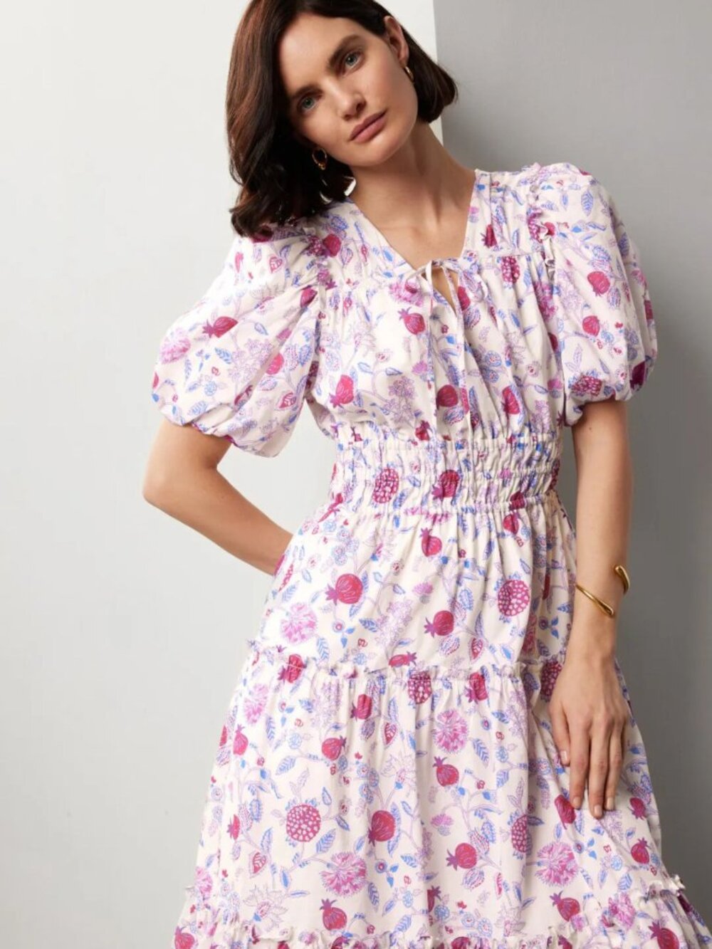 Derek Lam 10 Crosby White Multi Floral Puff Sleeve Midi Dress 42 57209